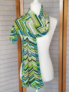 Printed Silk Scarf Anne Klein Blue Green Zig Zag Long Skinny